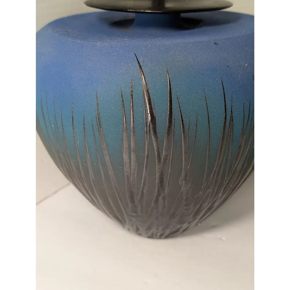 Modernist Studio Art Pottery Lidded Vessel Ombre Blue Sgraffito Grass Tall